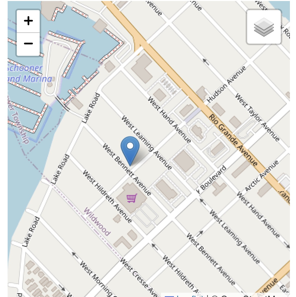 Owner-supplied map showing 401 West Bennett Avenue near the bay, Lake Road and Schooner Island Marina